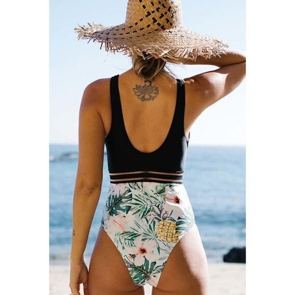 NEW C+D+M Black Floral Print One Piece Swimsuit Swimwear NWT - Picture 5 of 5